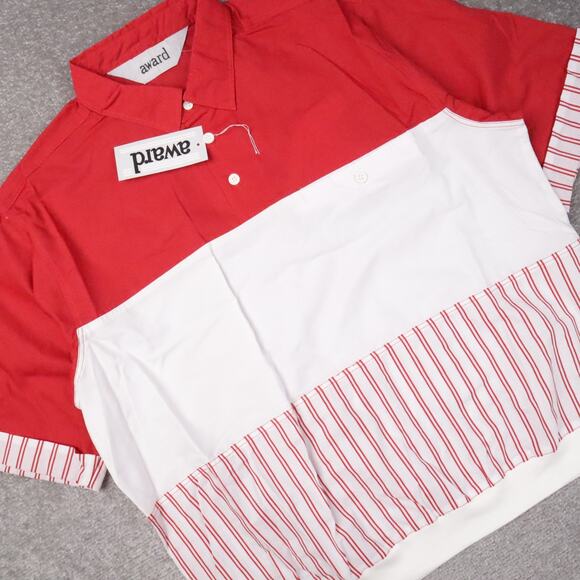 VTG 80s 90s Award Deadstock Large Red White Striped Short Sleeve Collared Shirt - Picture 8 of 9